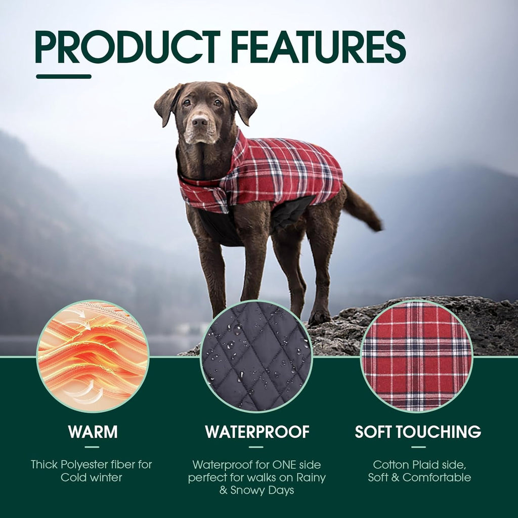 Kuoser Reversible Dog Coat Adjustable British Style Plaid Pet Jacket, Waterproof and Windproof, Blue, M