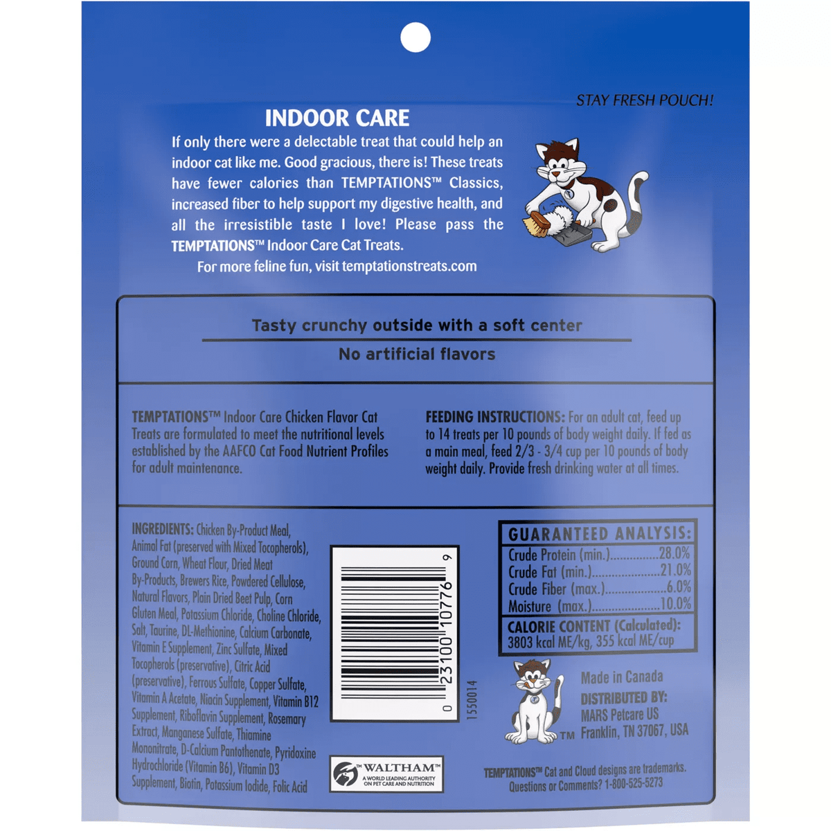 Temptations Indoor Care Crunchy and Soft Cat Treats, Chicken Flavor, 2.1 oz Pouch