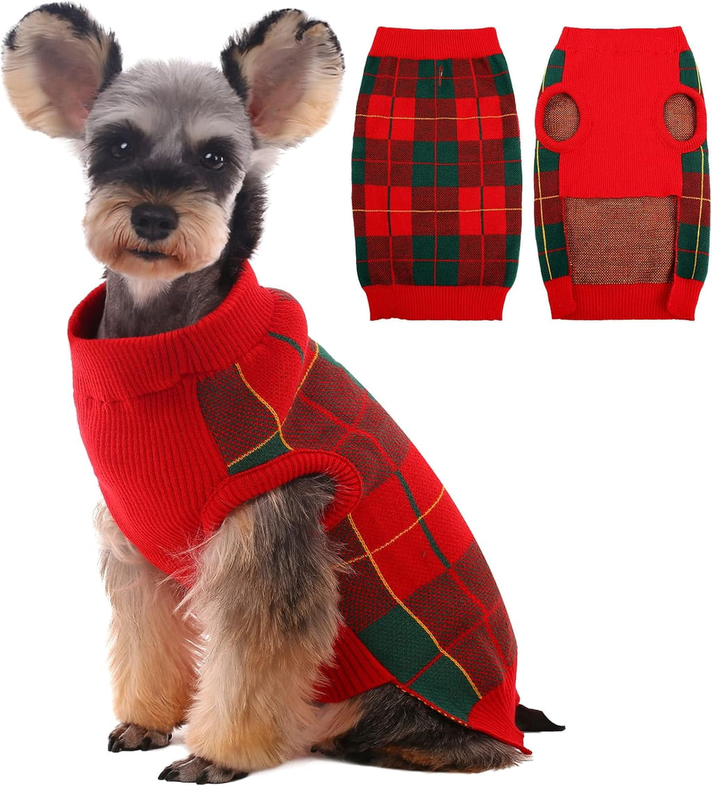 Kuoser Classic Plaid Dog Sweater Warm Pullover Knitwear for Small Medium Dogs, Red, S