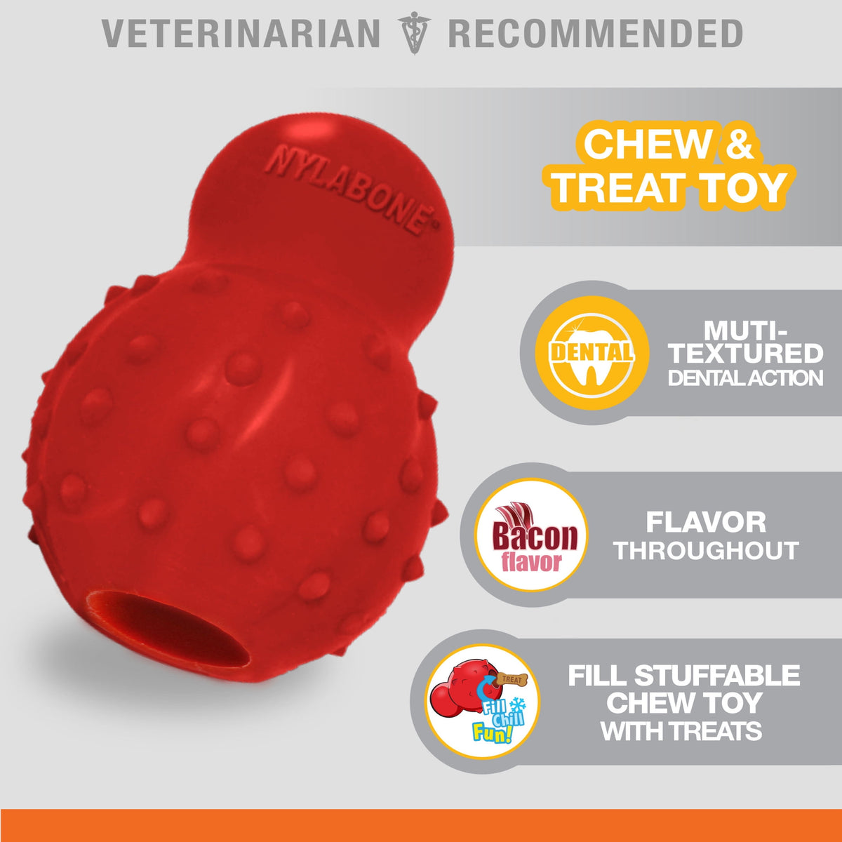 Nylabone Strong Chew Rubber Stuffable Cone Dog Treat, Dog Toys, Bacon Flavor, Red, Medium