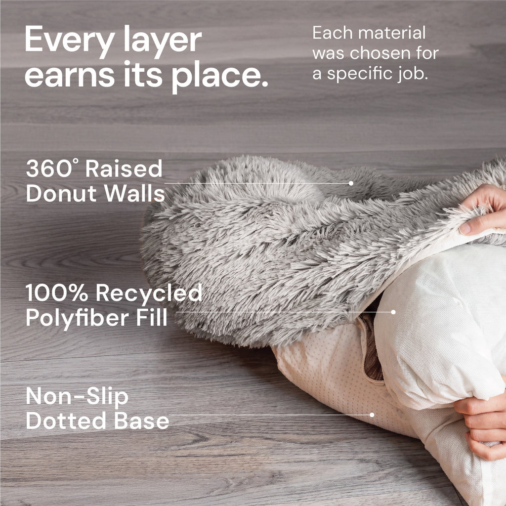 XL 45" Calming Cuddler Long Fur Donut Bed-Mist Gray