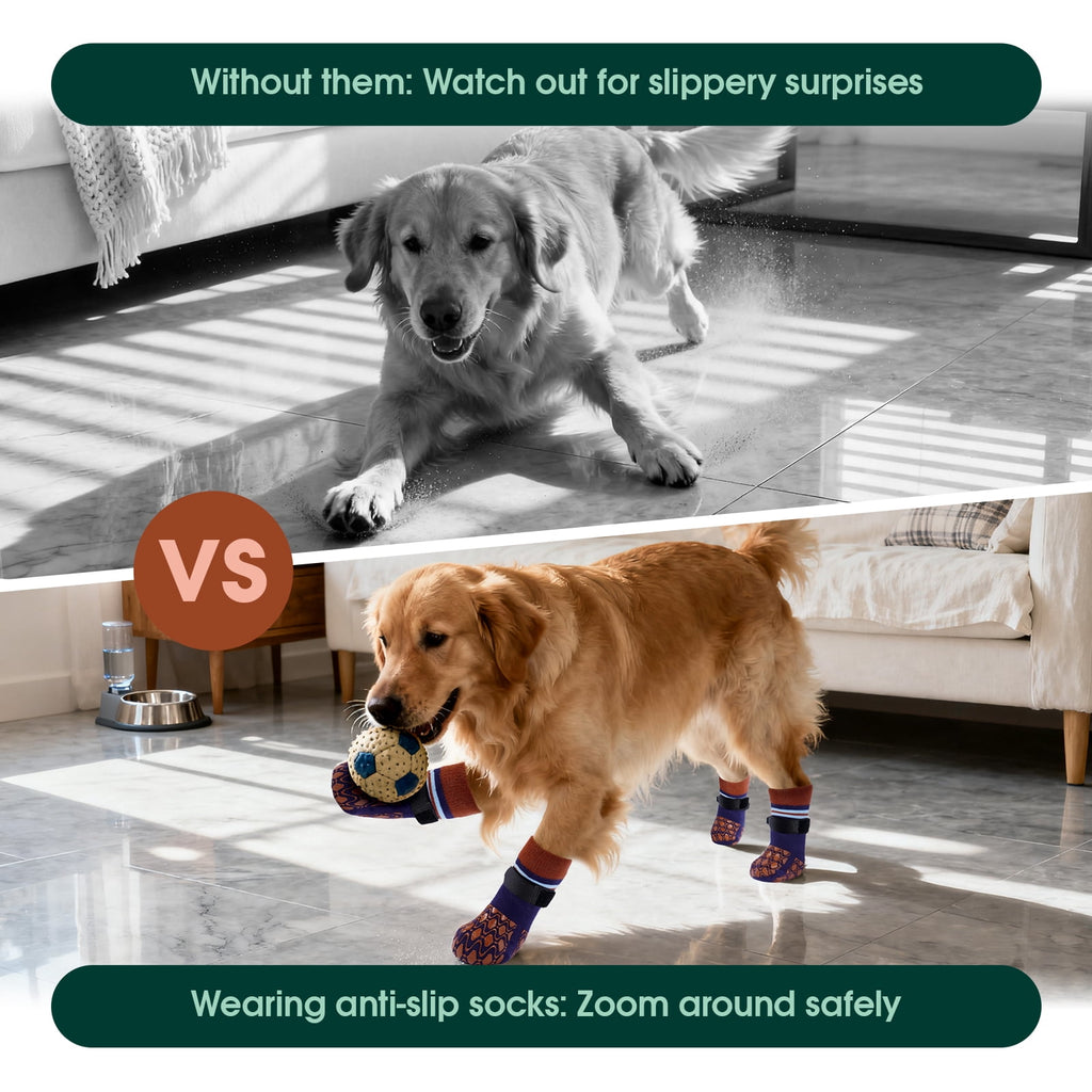 Kuoser Anti-Slip Dog Socks with Double-Sided Traction, 4 Piece Pet Booties for Senior, Dog Paw Protector for Hardwood Floors, Hot Pavement and hot/icy surfaces, Brown, L