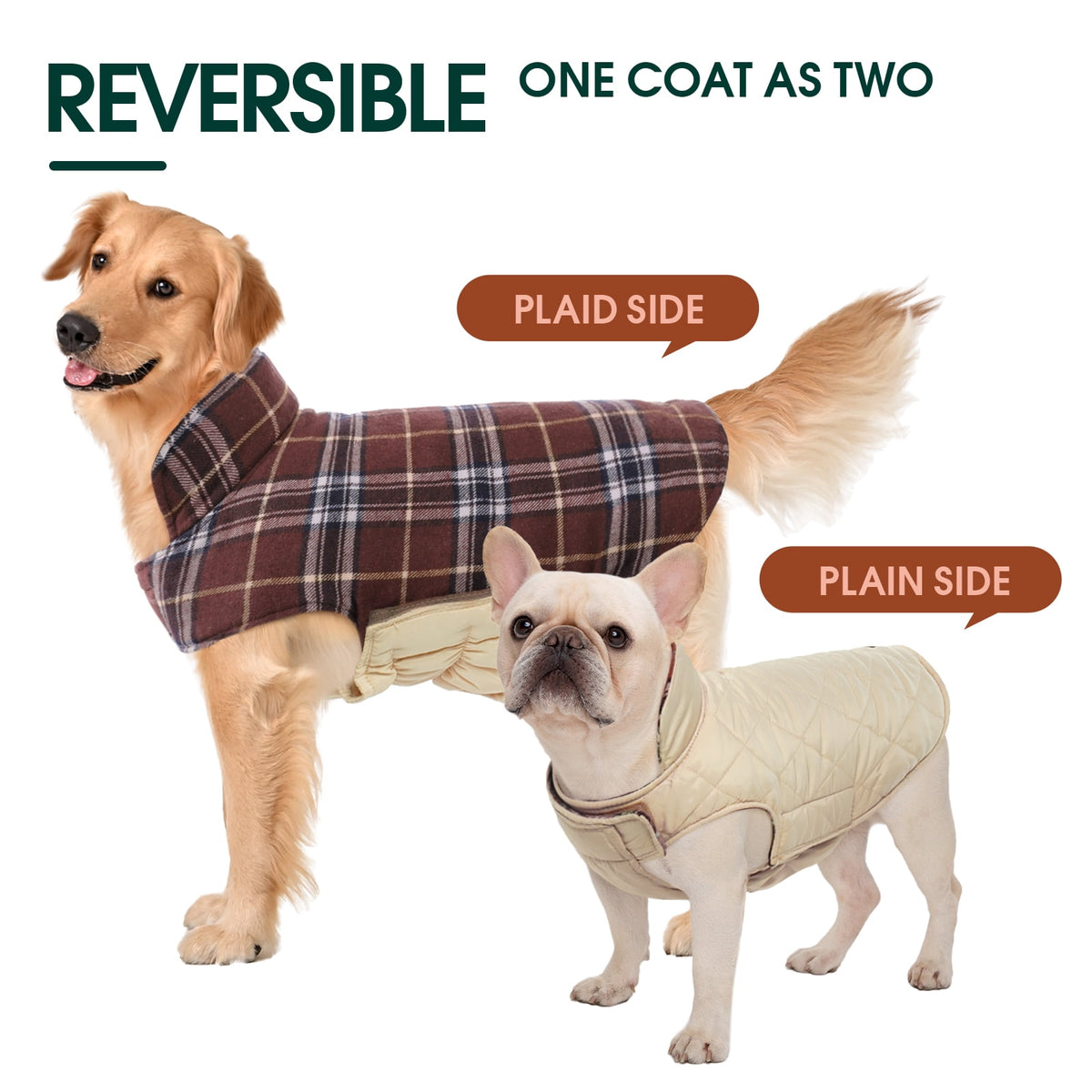 Kuoser Reversible Dog Coat Adjustable British Style Plaid Pet Jacket, Waterproof and Windproof, Blue, M