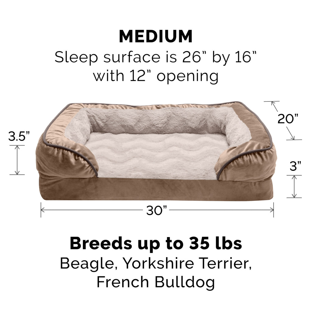 FurHaven Pet Products Velvet Waves Perfect Comfort Cooling Gel Top Sofa-Style Pet Bed for Dogs & Cats - Brownstone, Medium