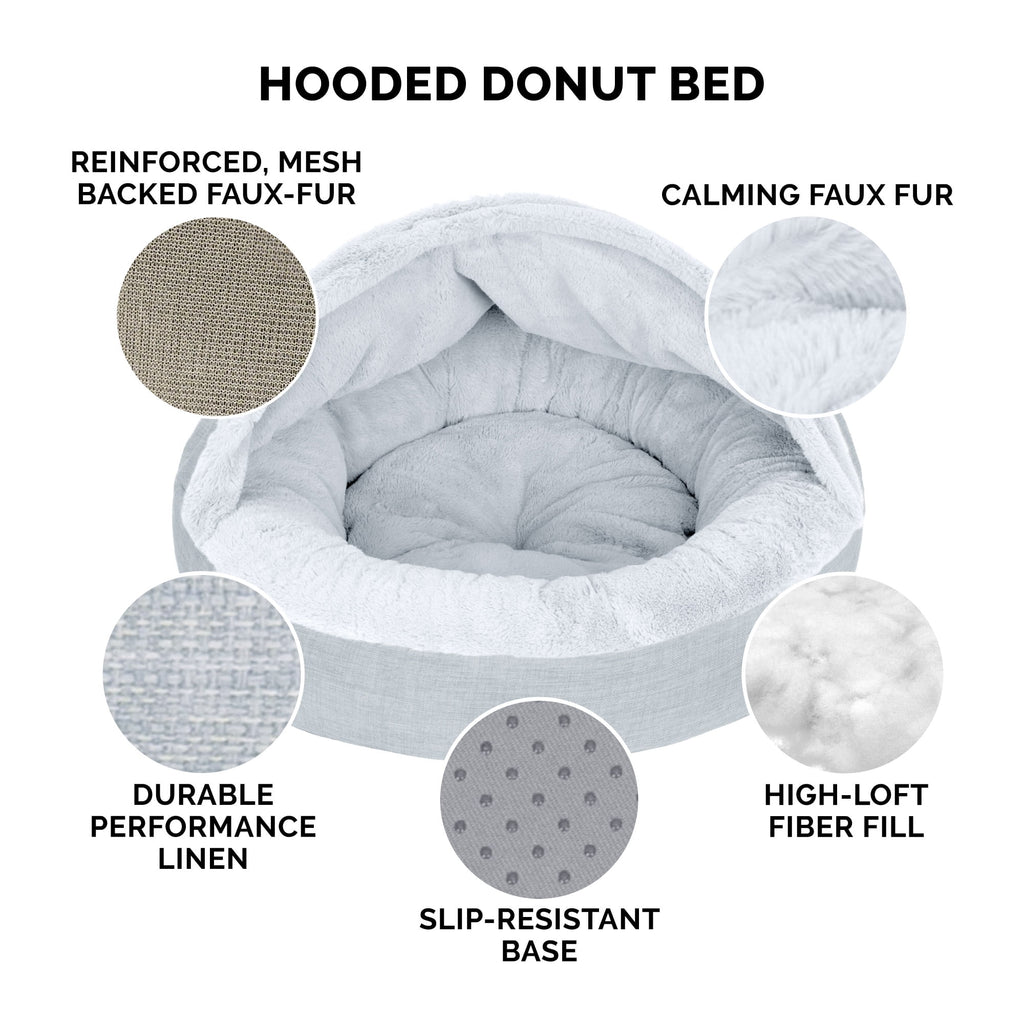 FurHaven Plush & Performance Linen Hooded Donut Pet Bed for Dogs & Cats - Mist Gray, Small - 24"