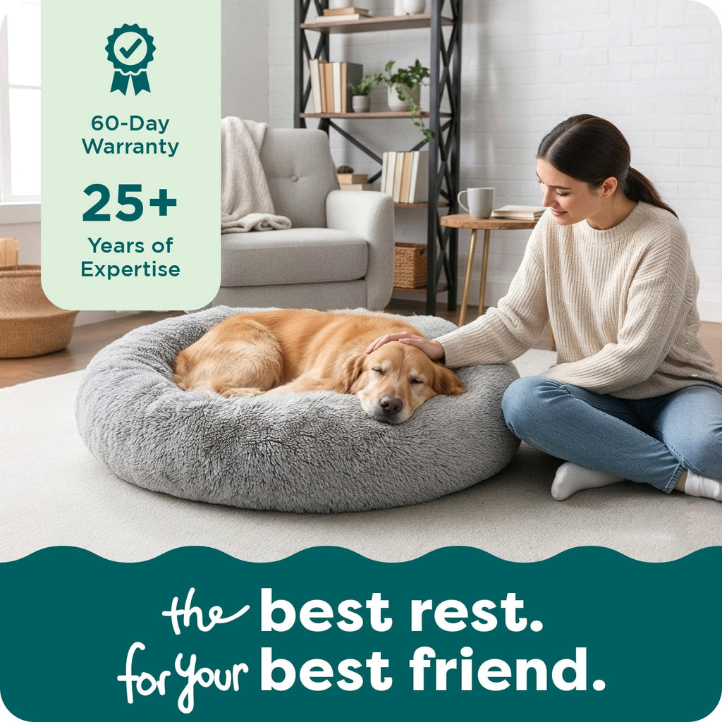 Furhaven 23" Round Calming Donut Dog Bed with Washable & Removable Cover & Bolster - Shaggy Plush Long Faux Fur Ball Bed - Taupe, For Dogs Up to 20 lbs, Small
