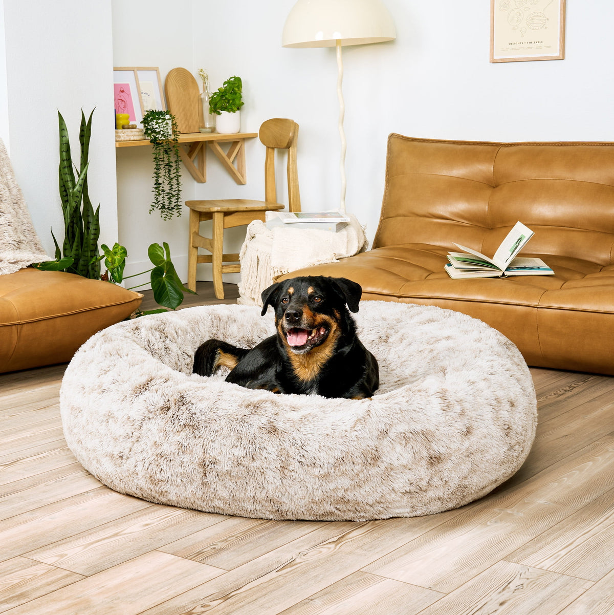 Furhaven 23" Round Calming Donut Dog Bed with Washable & Removable Cover & Bolster - Shaggy Plush Long Faux Fur Ball Bed - Taupe, For Dogs Up to 20 lbs, Small