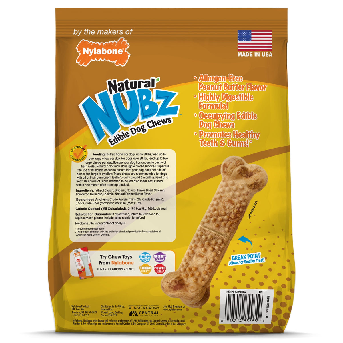 Nylabone Nubz Natural Dog Treats for Large Dogs, Peanut Butter Flavor Dog Bones, Large - 30+ lbs., 1.7 lb. Pouch, 15 Count