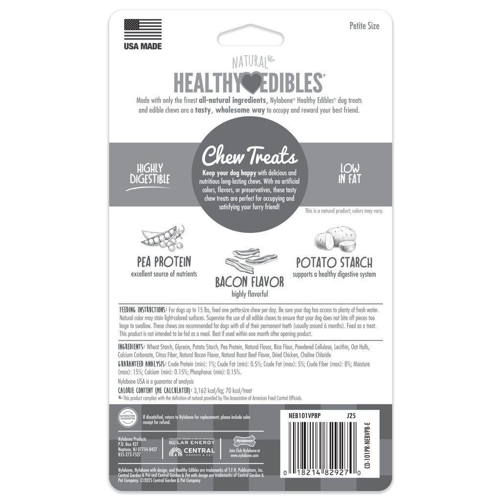 Nylabone Healthy Edibles Natural Dog Treats, Long Lasting Dog Bones, Bacon Flavor Dog Treats, For X-Small Dogs (8 Count)