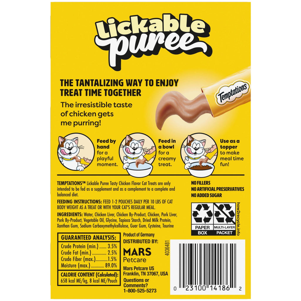 Temptations Creamy Puree With Chicken Squeezable Lickable Wet Treats For Cats, 0.42 Oz (16 Pack)