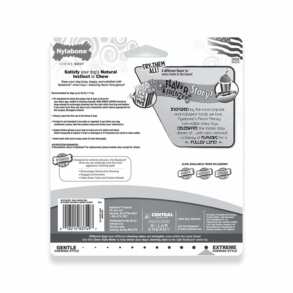 Nylabone Flavor Frenzy Power Chew Dry Dog Toy, Chili Cheese Dog, Popcorn & Cherry, SM, 3pk