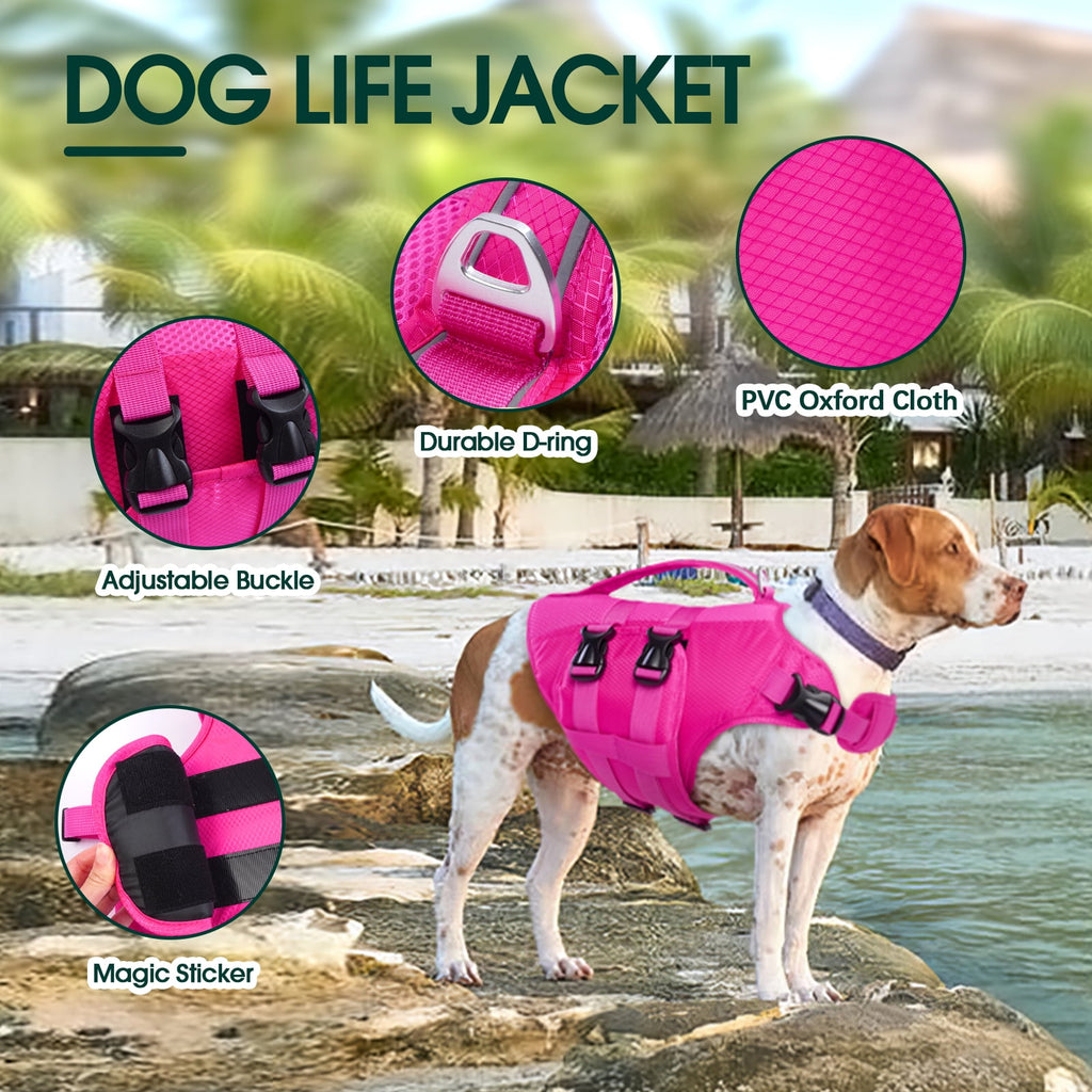 Kuoser Dog Life Jacket, Reflective Life Vest with Rescue Handle for Small Medium Large Dogs, Rosered, L