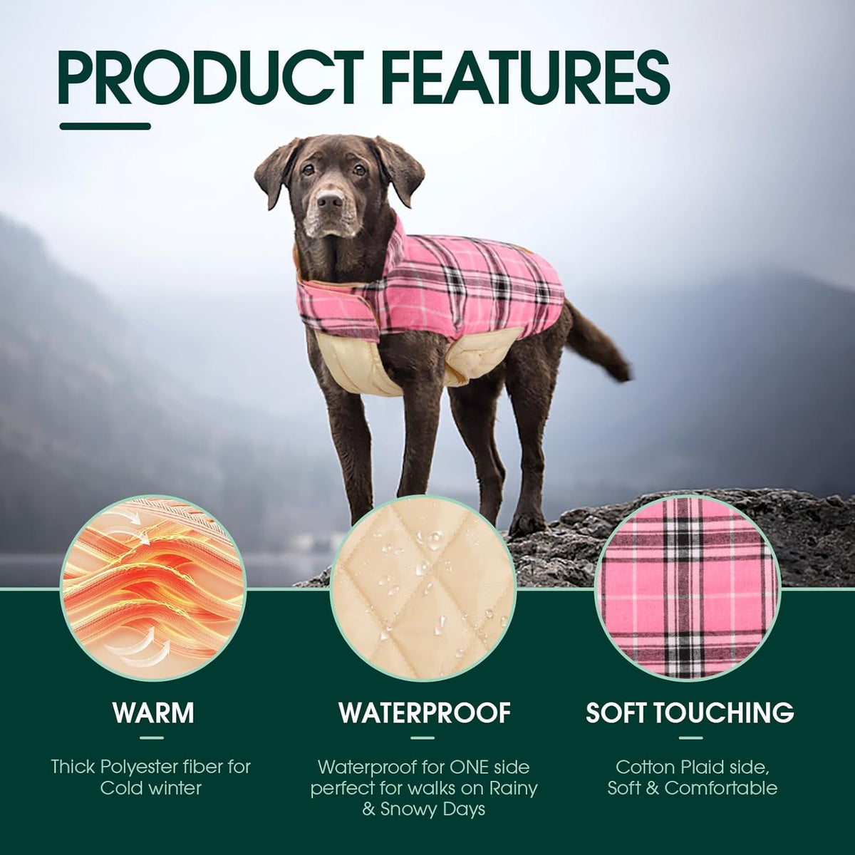 Kuoser Reversible Dog Coat Adjustable British Style Plaid Pet Jacket, Waterproof and Windproof, Blue, M
