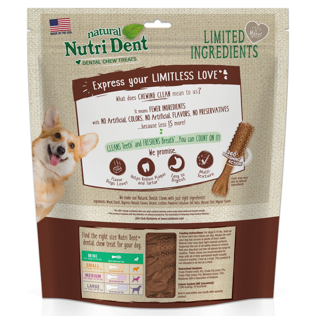 Nylabone Nutri Dent Natural Dental Chews for Dogs, Limited Ingredient Dog Treats, Teeth Cleaning Dental Sticks for Dogs, Filet Mignon Flavor, For X-Small Dogs (78 Count)