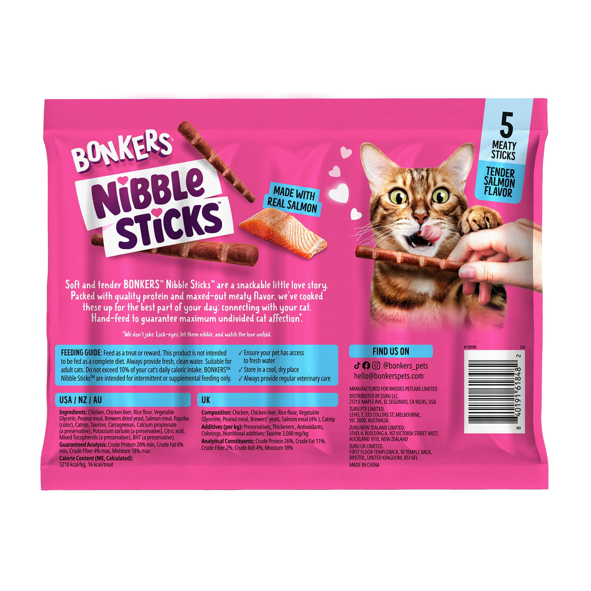 BONKERS Nibble Sticks Soft & Meaty Tender Chicken Flavor Cat Treats, 5 Sticks