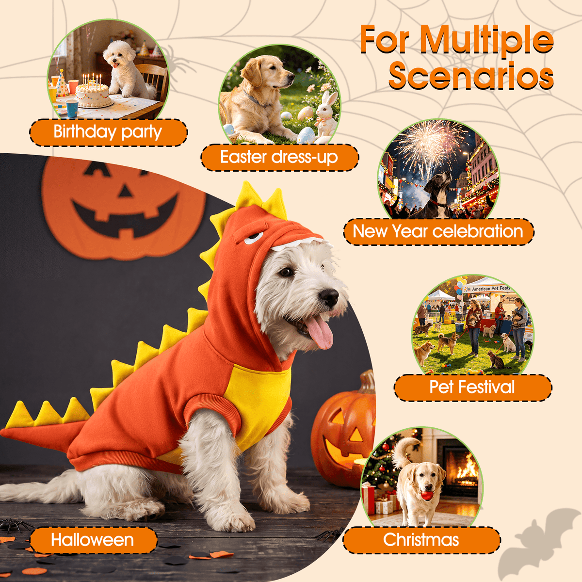 Kuoser Dog Dinosaur Halloween Costume, Funny Fleece Hoodie for Medium Dogs, Orange, M