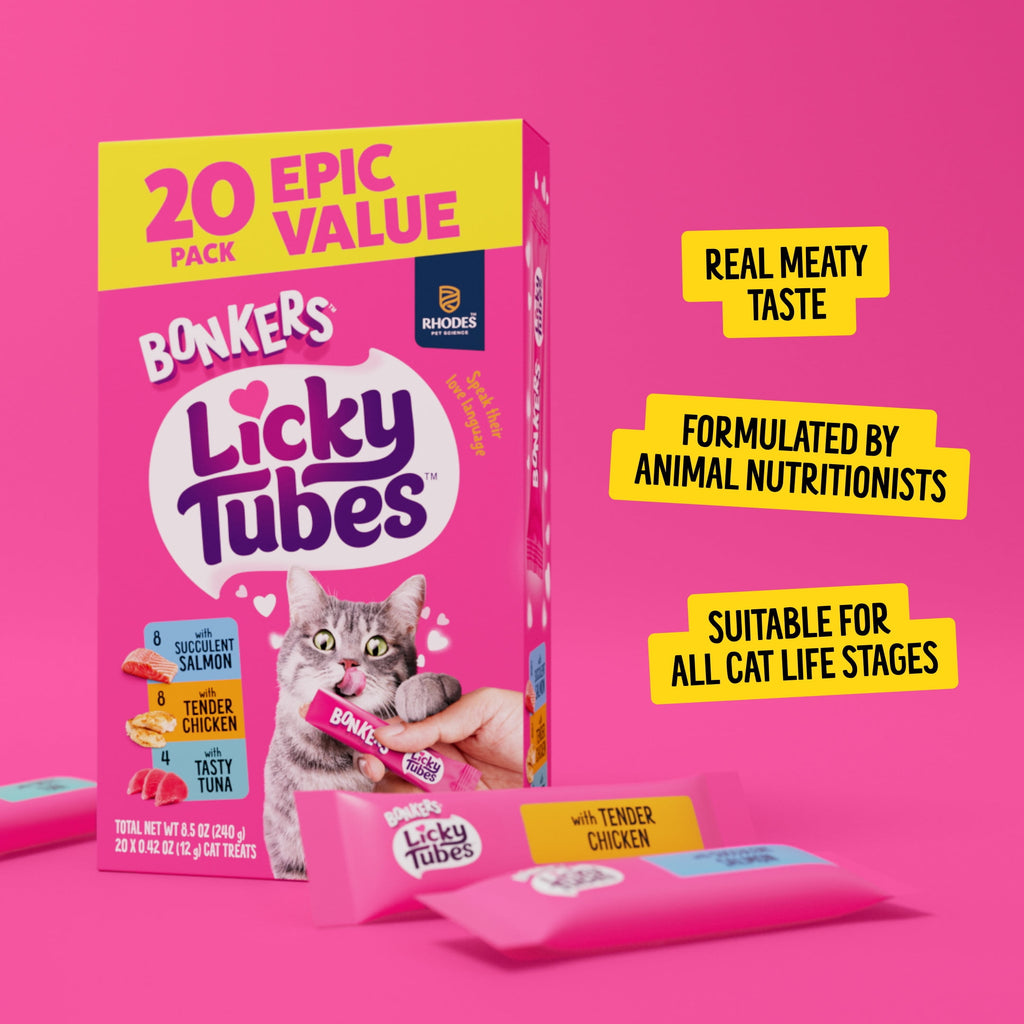 BONKERS Licky Tubes Chicken, Salmon, and Tuna Flavored Wet Cat Treats, 20 Pieces