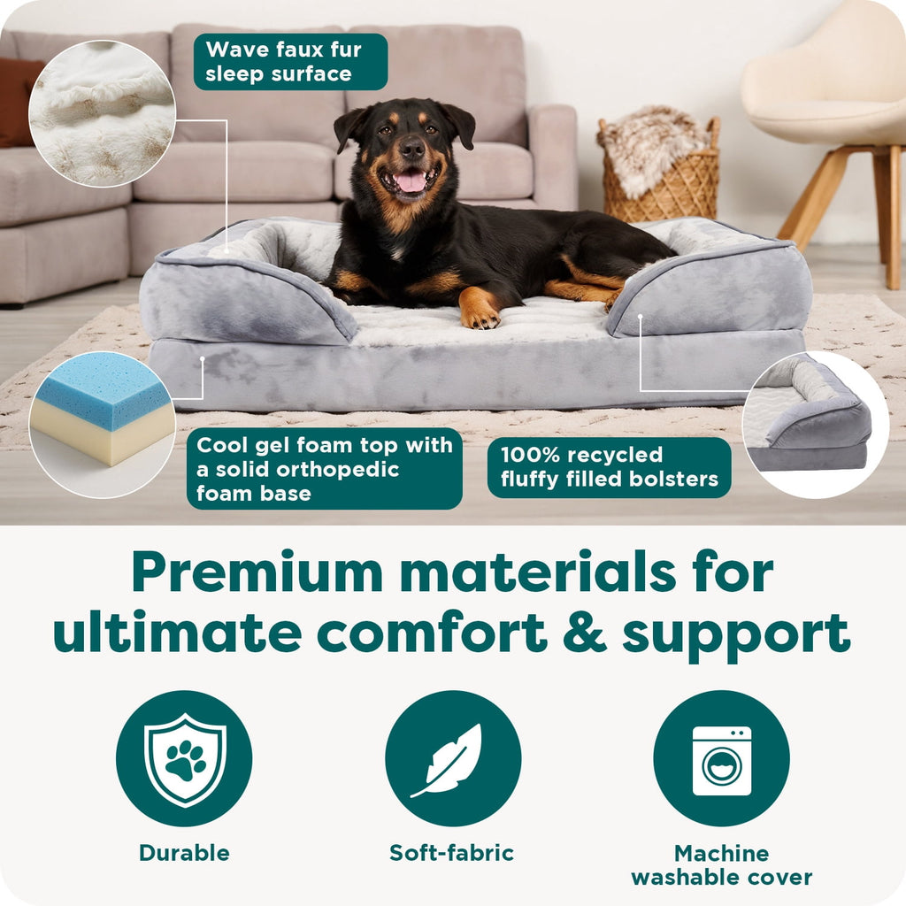 FurHaven Pet Products Velvet Waves Perfect Comfort Cooling Gel Top Sofa-Style Pet Bed for Dogs & Cats - Brownstone, Medium