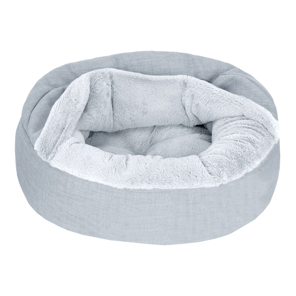 FurHaven Plush & Performance Linen Hooded Donut Pet Bed for Dogs & Cats - Mist Gray, Small - 24"