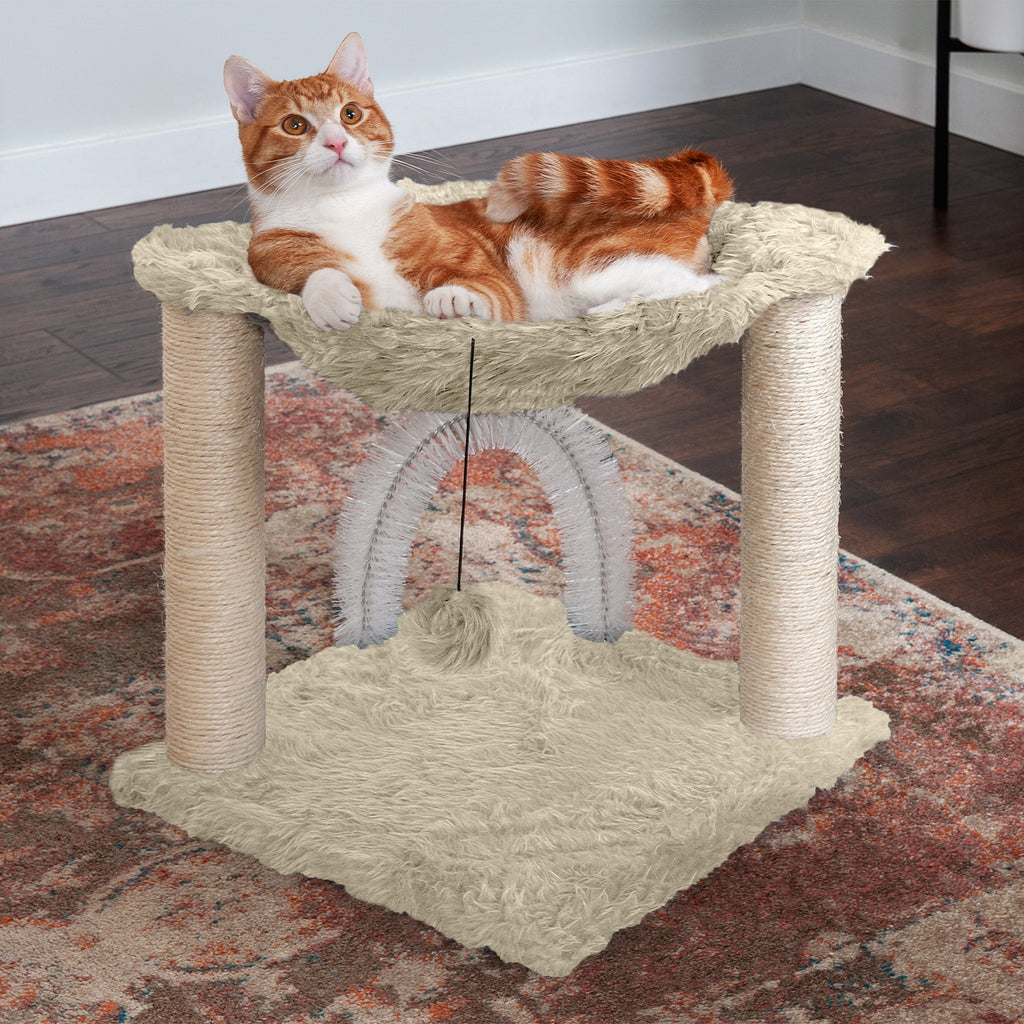 Furhaven Tiger Tough Small Cat Tree Plush Hammock Playground w/ Toys & Self-Grooming Brush - Cream, One Size One Size Cat Tree - Plush Hammock Playground (Cream)