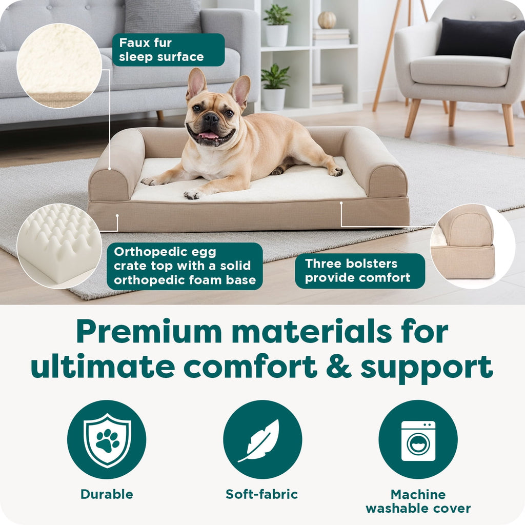 FurHaven Plush & Performance Linen Orthopedic Sofa Pet Bed for Dogs & Cats - Flax, Medium