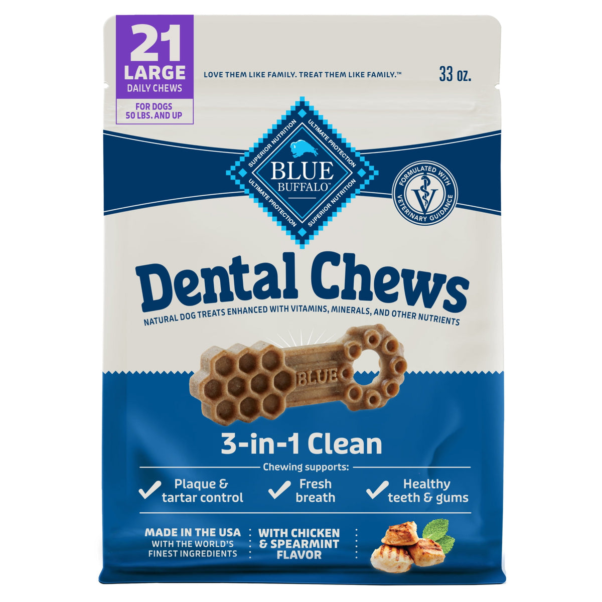 Blue Buffalo Dental Chews Large Natural Dog Treats, Chicken & Spearmint 11-oz Bag (7 Count)
