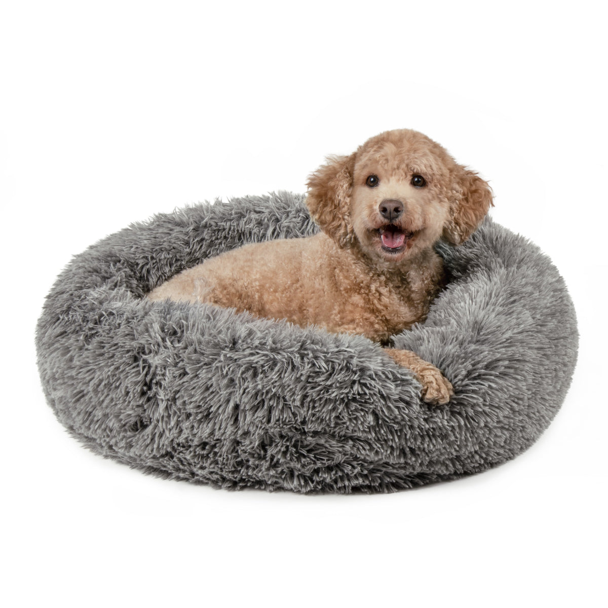 Furhaven 23" Round Calming Donut Dog Bed with Washable & Removable Cover & Bolster - Shaggy Plush Long Faux Fur Ball Bed - Taupe, For Dogs Up to 20 lbs, Small