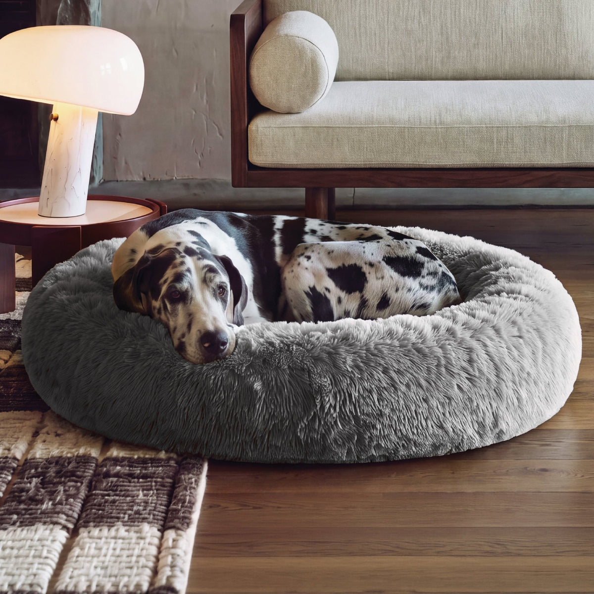 XL 45" Calming Cuddler Long Fur Donut Bed-Mist Gray
