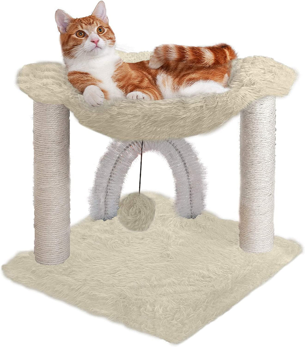 Furhaven Tiger Tough Small Cat Tree Plush Hammock Playground w/ Toys & Self-Grooming Brush - Cream, One Size One Size Cat Tree - Plush Hammock Playground (Cream)