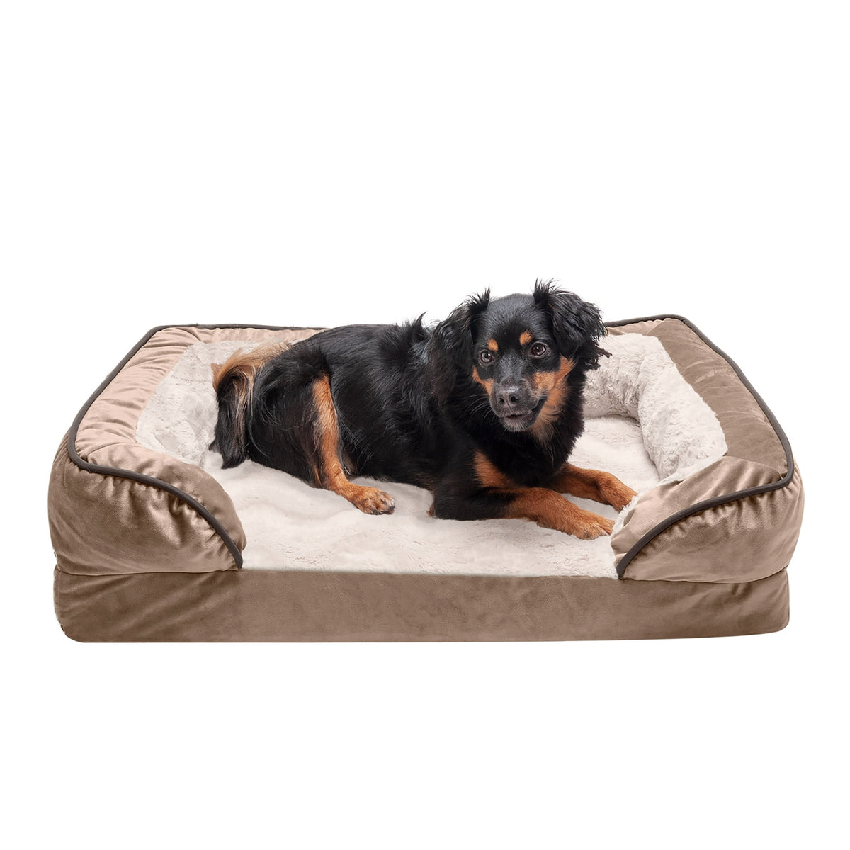 FurHaven Pet Products Velvet Waves Perfect Comfort Cooling Gel Top Sofa-Style Pet Bed for Dogs & Cats - Brownstone, Medium