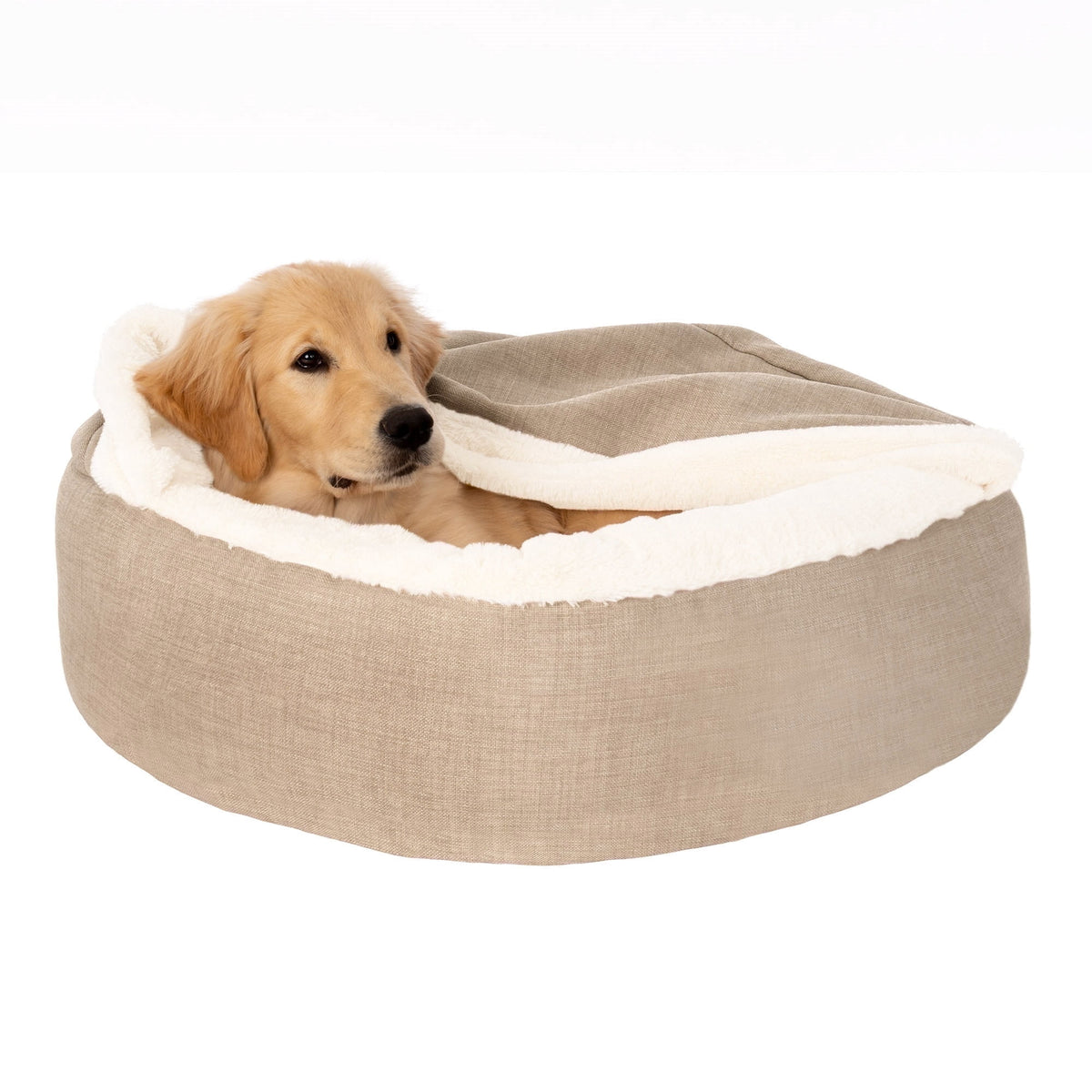 FurHaven Plush & Performance Linen Hooded Donut Pet Bed for Dogs & Cats - Mist Gray, Small - 24"