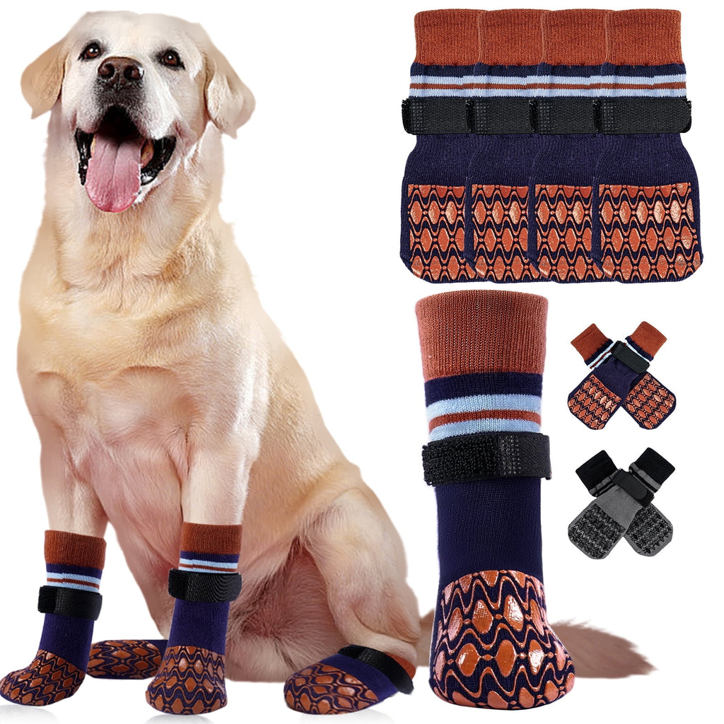 Kuoser Anti-Slip Dog Socks with Double-Sided Traction, 4 Piece Pet Booties for Senior, Dog Paw Protector for Hardwood Floors, Hot Pavement and hot/icy surfaces, Brown, L