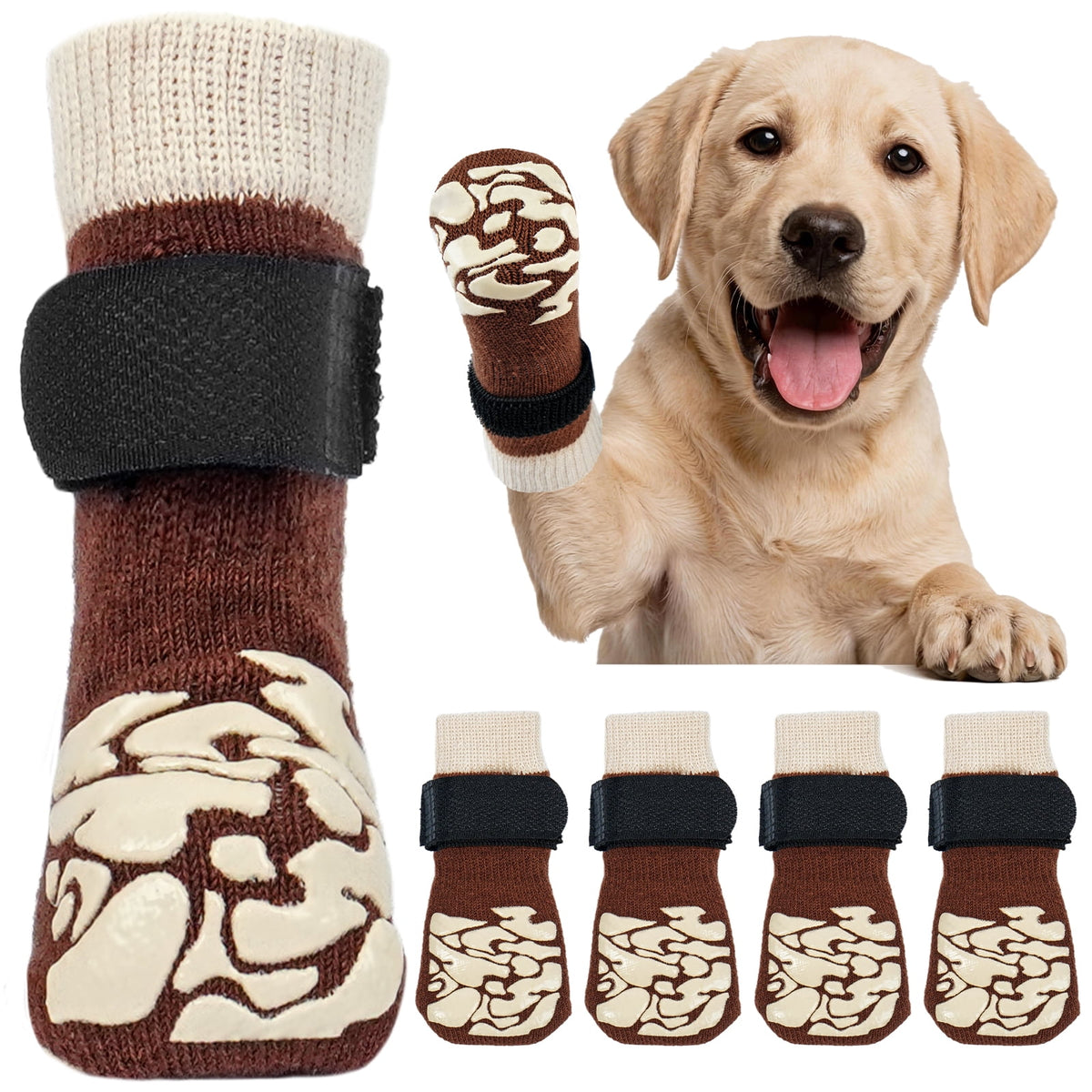 Kuoser Non-Slip Dog Socks for Hardwood Floors & Hot Pavement, Adjustable Pet Socks to Stop Licking and Slipping, Black, M