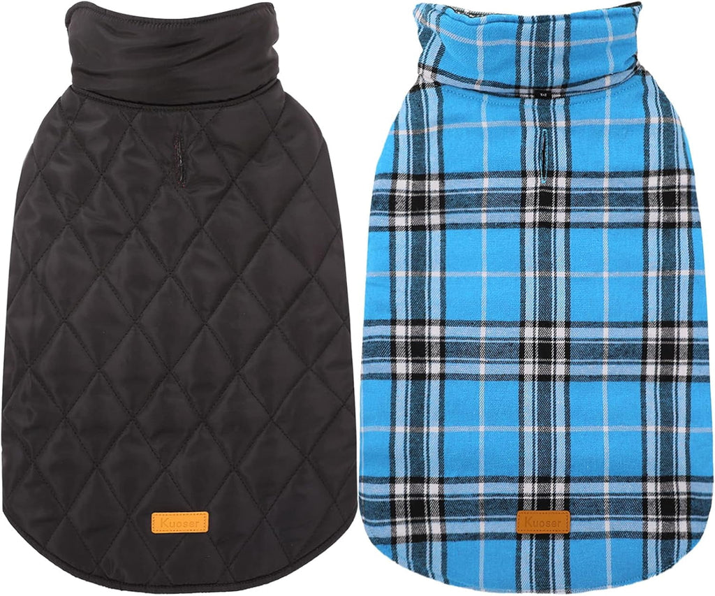 Kuoser Reversible Dog Coat Adjustable British Style Plaid Pet Jacket, Waterproof and Windproof, Blue, M