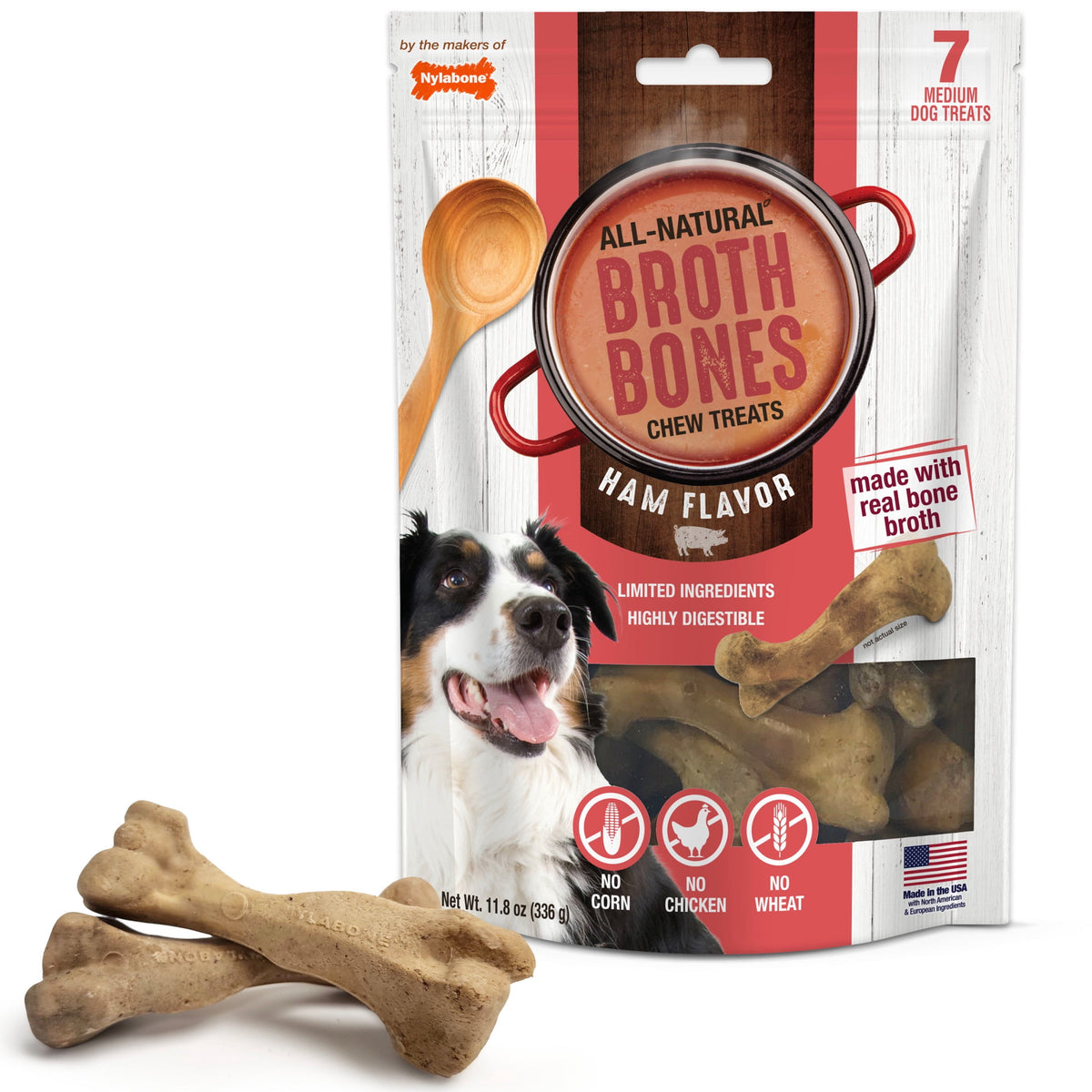 Nylabone Broth Bones Natural Dog Treats for Dogs, Bone Broth Dog Bones, Ham Flavor, For Large Dogs (1 Count)