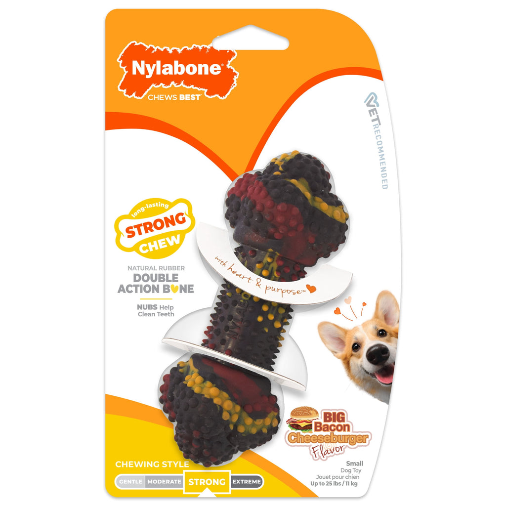Nylabone Strong Chew Double Action Bone Dog Toy, Rubber Dog Chew Toy, Bacon Cheeseburger Flavor, Small, 1 Count