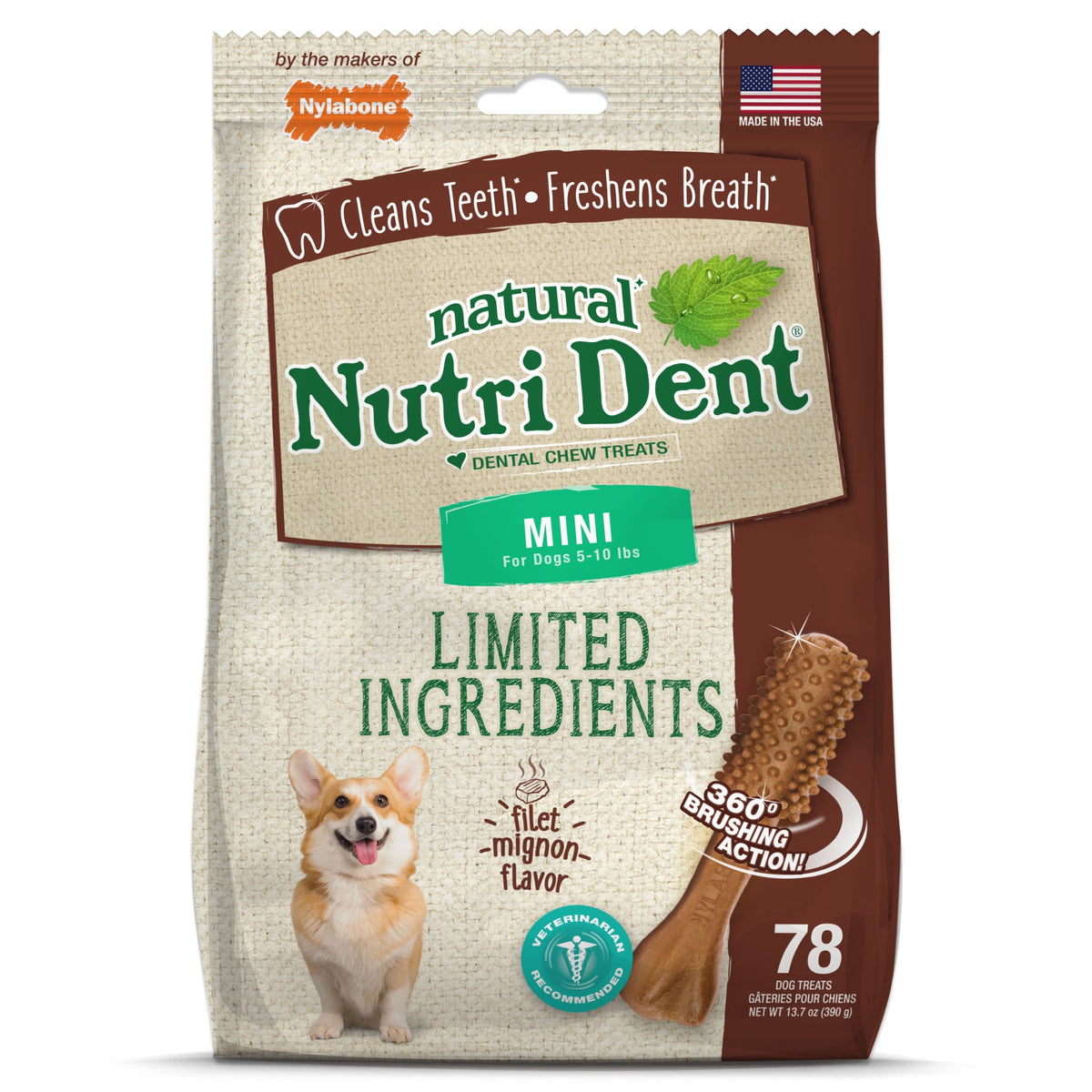 Nylabone Nutri Dent Natural Dental Chews for Dogs, Limited Ingredient Dog Treats, Teeth Cleaning Dental Sticks for Dogs, Filet Mignon Flavor, For X-Small Dogs (78 Count)
