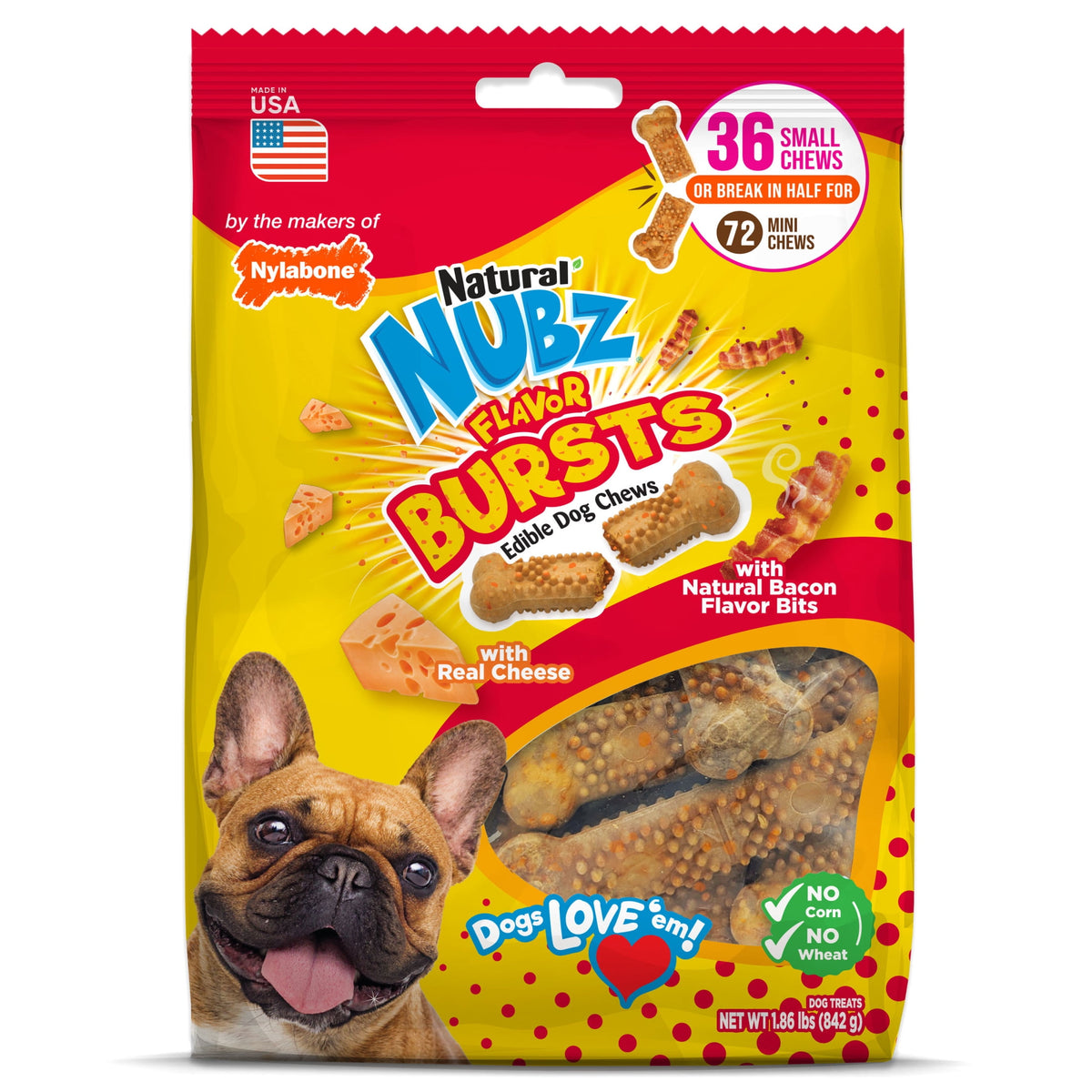 Nylabone Nubz Flavor Bursts Natural Dog Treats for Small Dogs, Bacon & Cheese Flavor Dog Bones, Small - Up to 30 lbs., 36 Count