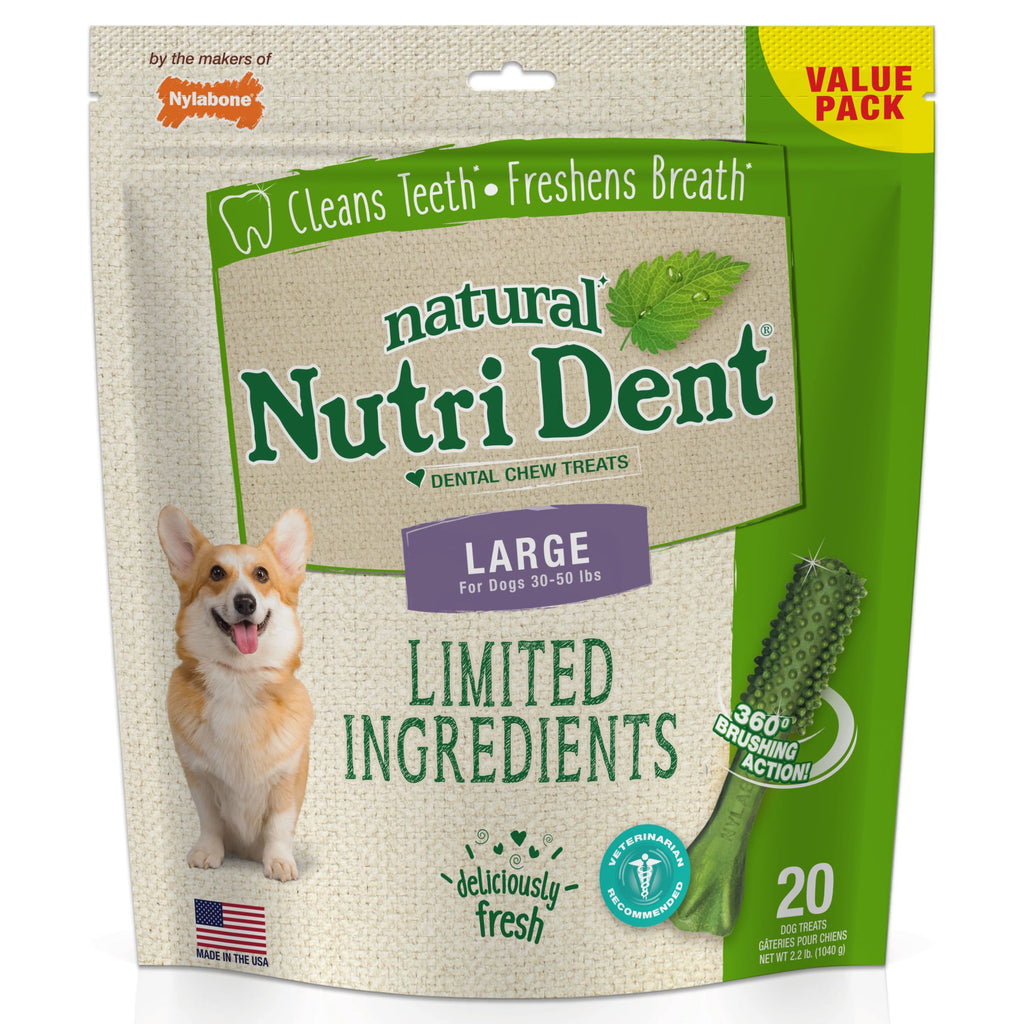 Nylabone Nutri Dent Natural Dental Chews for Dogs, Limited Ingredient Dog Treats, Teeth Cleaning Dental Sticks for Dogs, Fresh Breath Flavor, For Large Dogs (20 Count)