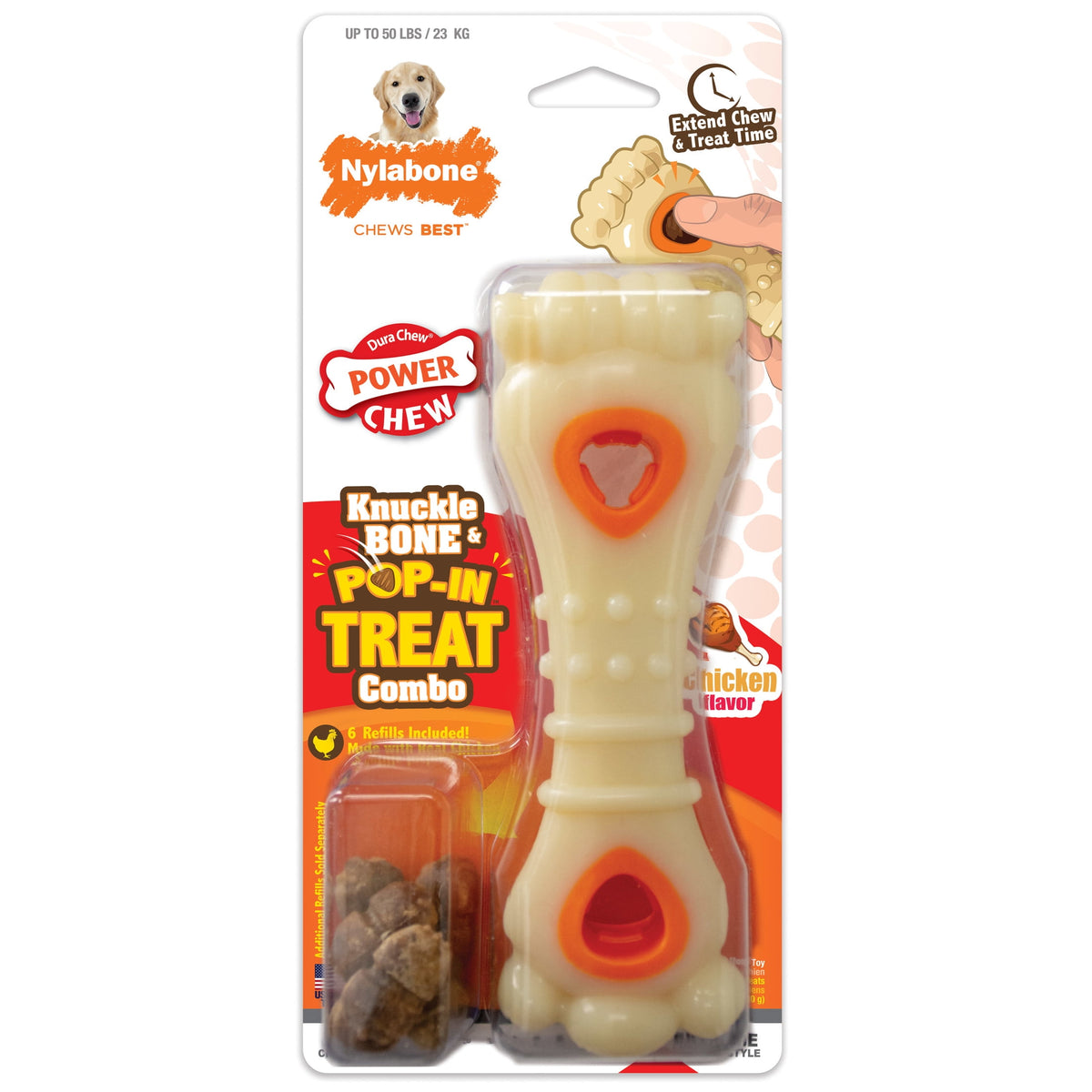 Nylabone Power Chew Knuckle Bone Pop-In Dog Treat Toy, Dog Toy, Chicken Flavor, Medium