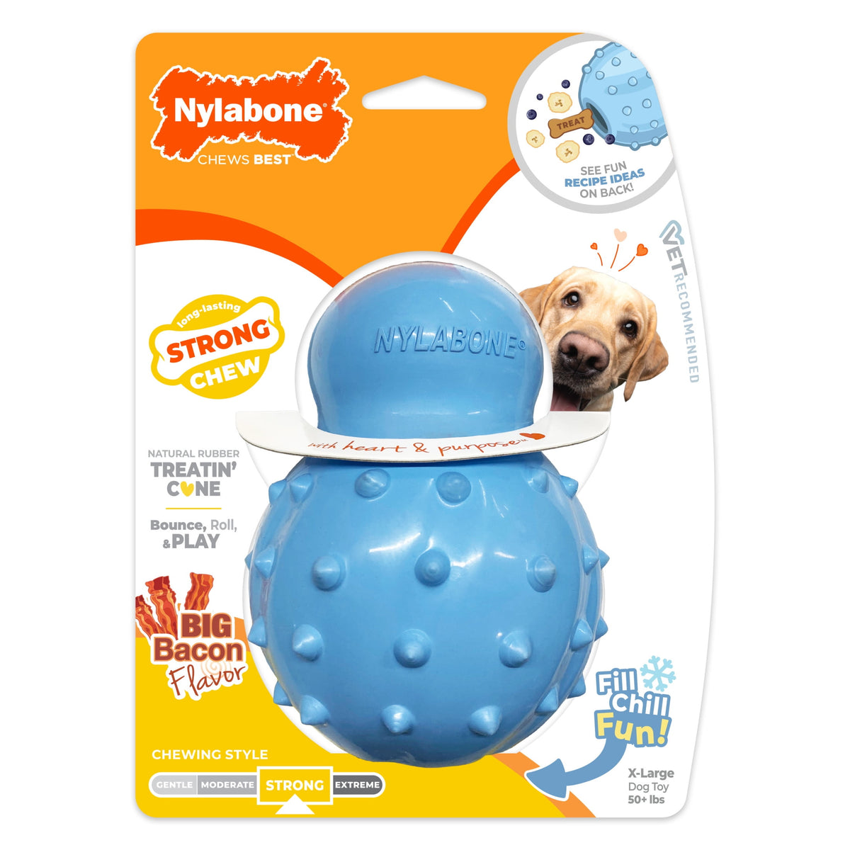 Nylabone Strong Chew Rubber Stuffable Cone Dog Treat, Dog Toys, Bacon Flavor, Red, Medium