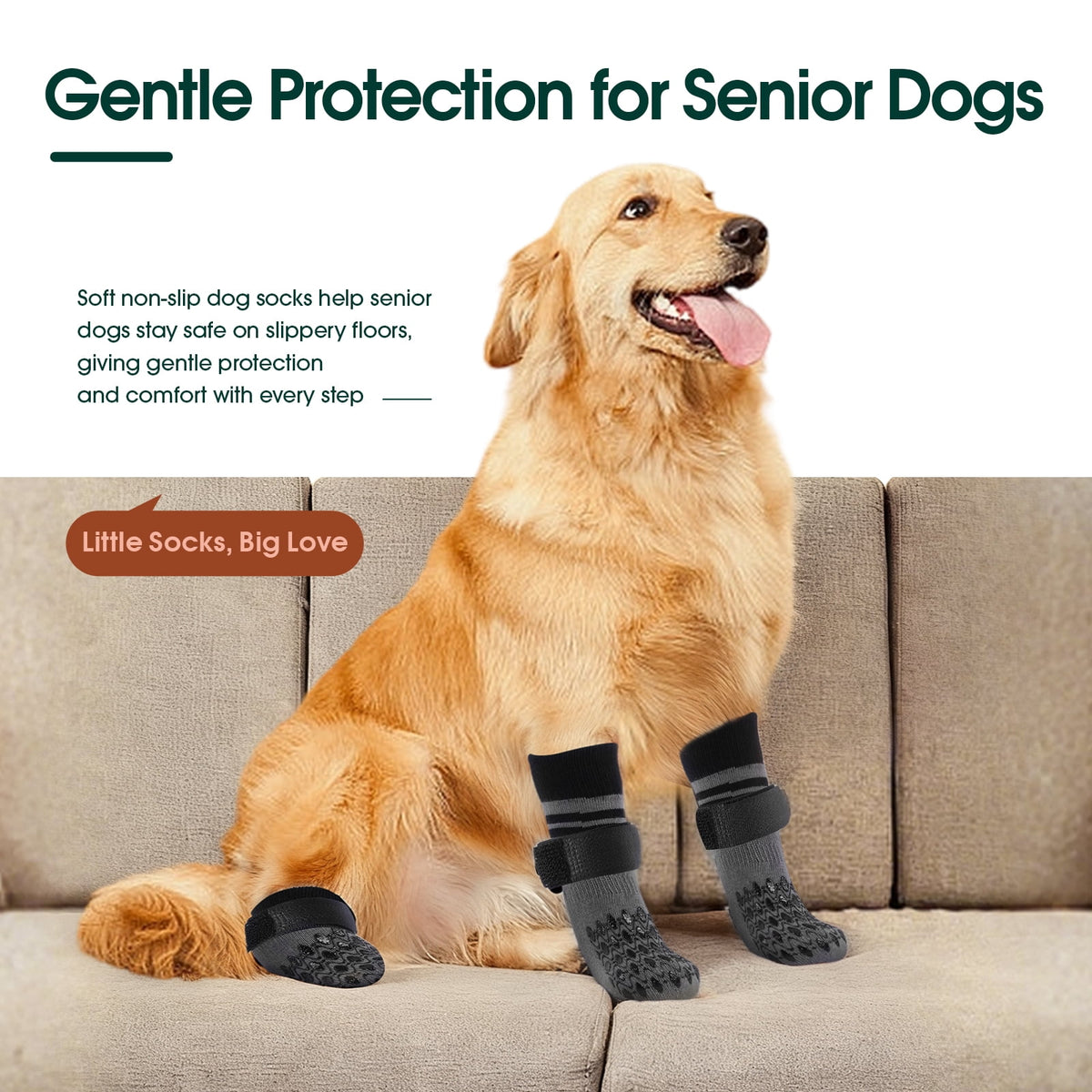 Kuoser Anti-Slip Dog Socks with Double-Sided Traction, 4 Piece Pet Booties for Senior, Dog Paw Protector for Hardwood Floors, Hot Pavement and hot/icy surfaces, Brown, L