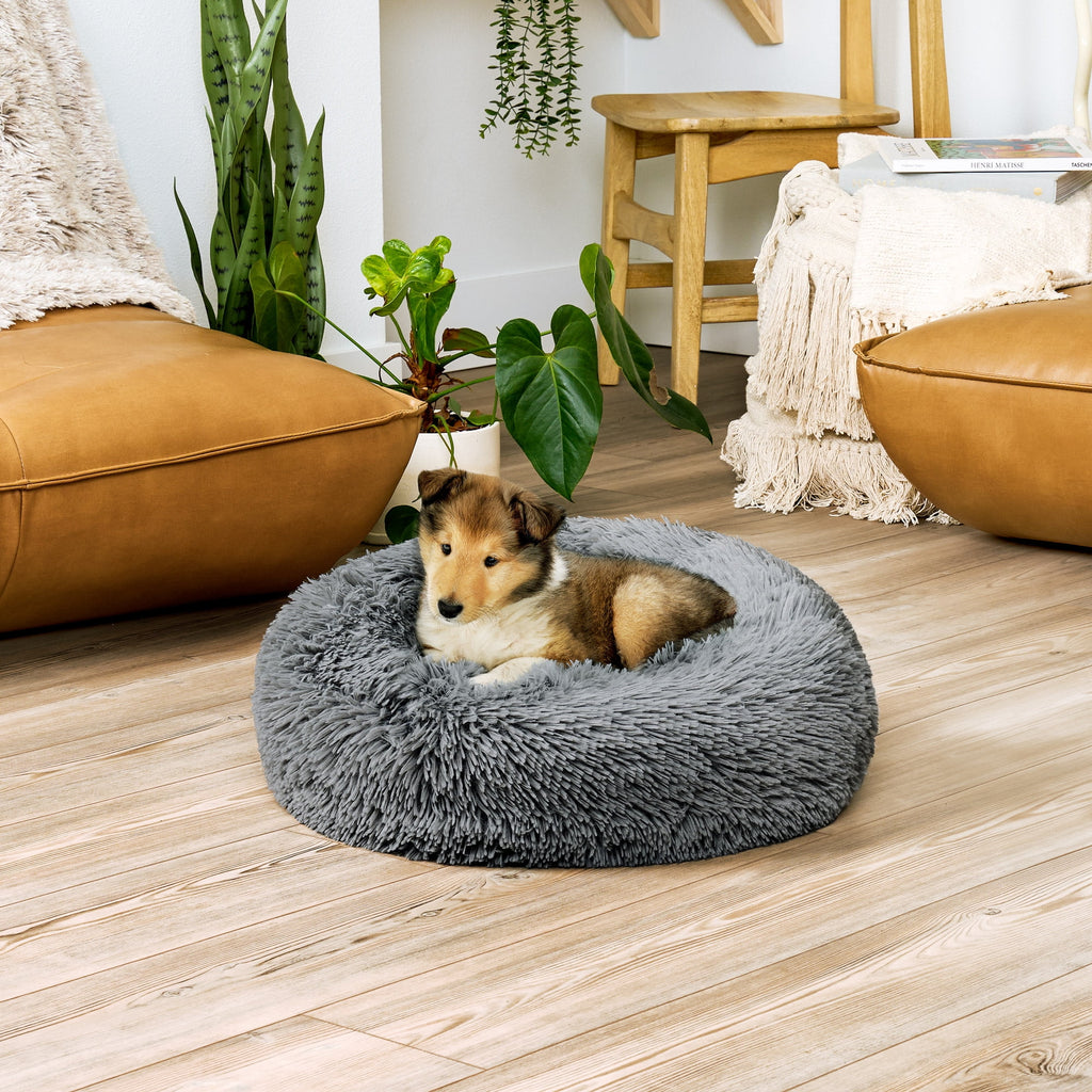 Furhaven 23" Round Calming Donut Dog Bed with Washable & Removable Cover & Bolster - Shaggy Plush Long Faux Fur Ball Bed - Taupe, For Dogs Up to 20 lbs, Small