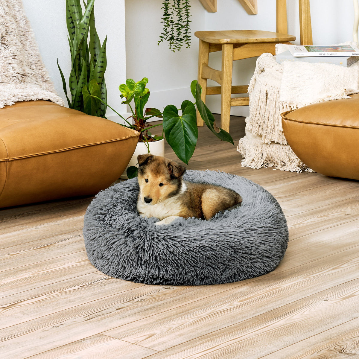 Furhaven 23" Round Calming Donut Dog Bed with Washable & Removable Cover & Bolster - Shaggy Plush Long Faux Fur Ball Bed - Taupe, For Dogs Up to 20 lbs, Small