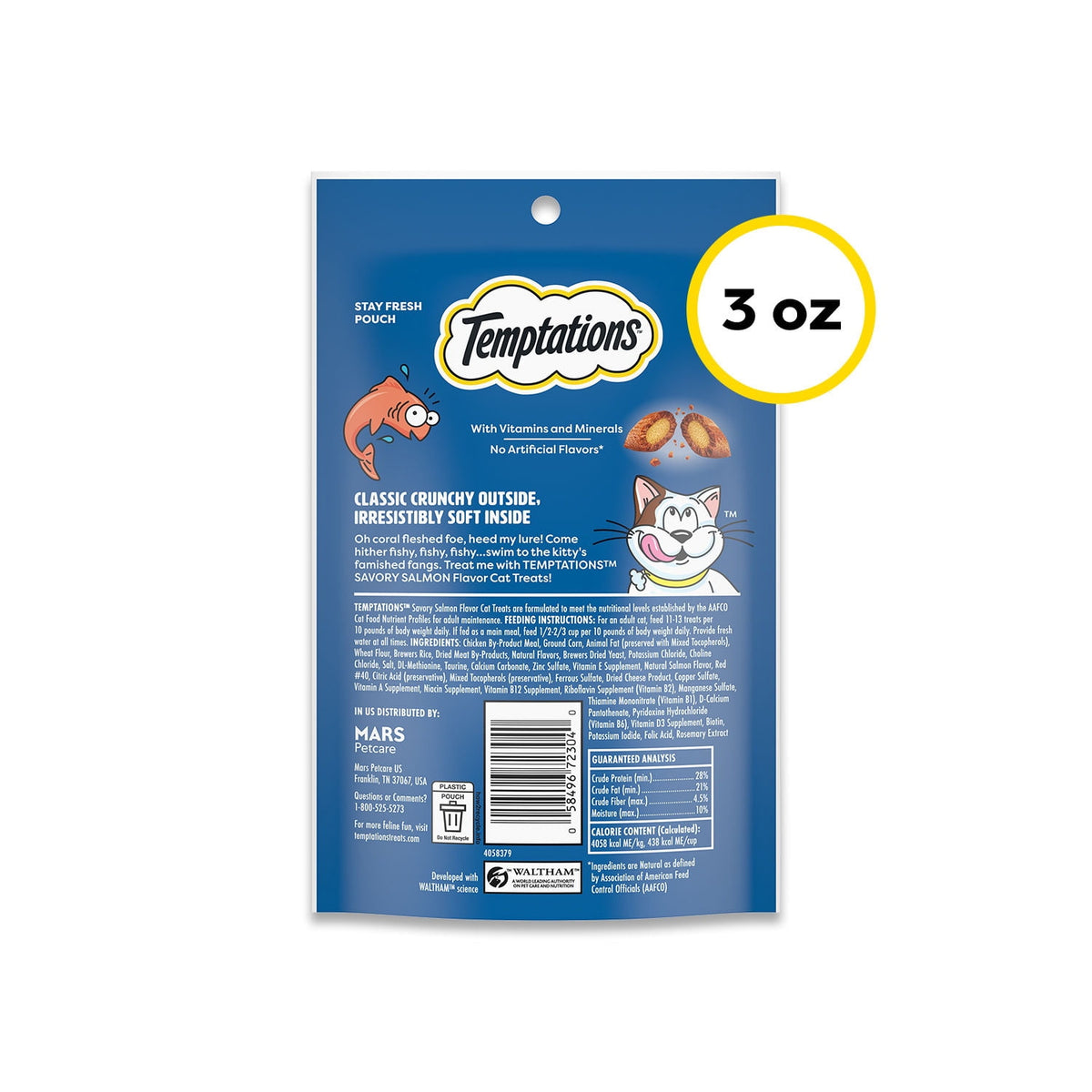Temptations Classic Savory Salmon Flavor Crunchy And Soft Treats For Cats, 3 Oz Pouch