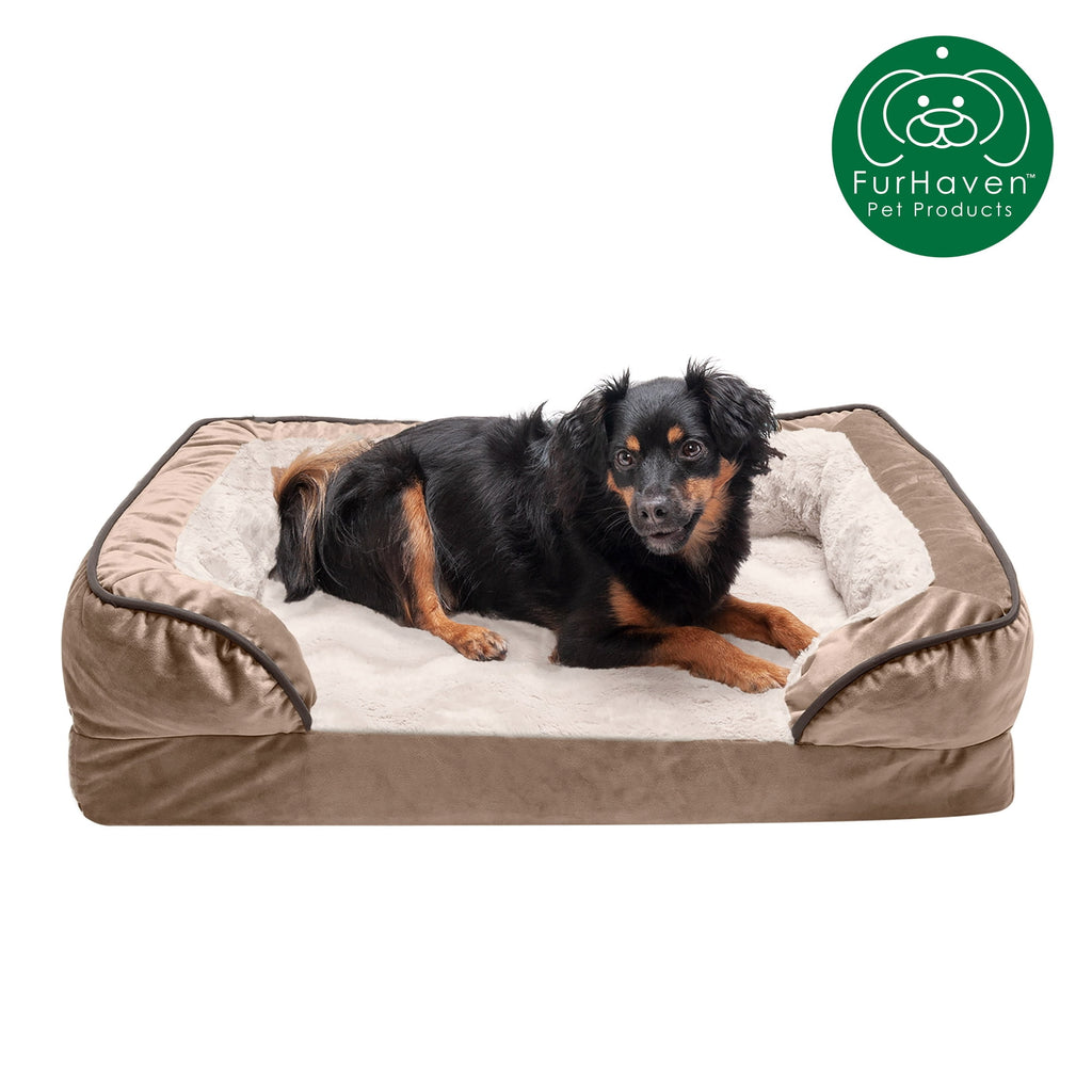 FurHaven Pet Products Velvet Waves Perfect Comfort Cooling Gel Top Sofa-Style Pet Bed for Dogs & Cats - Brownstone, Medium
