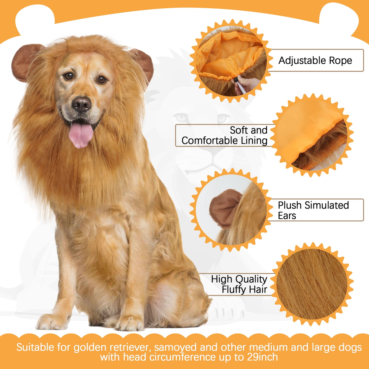 Kuoser Large Dog Lion Mane with Tail Halloween Dog Costumes Fits Neck Size 13- 29.13 inch Funny Accessories for Holidays