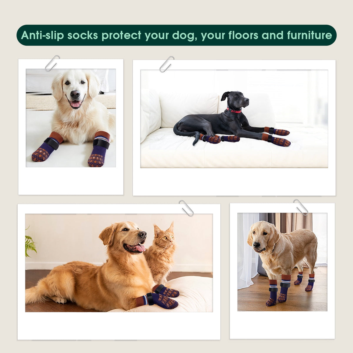 Kuoser Anti-Slip Dog Socks with Double-Sided Traction, 4 Piece Pet Booties for Senior, Dog Paw Protector for Hardwood Floors, Hot Pavement and hot/icy surfaces, Brown, L