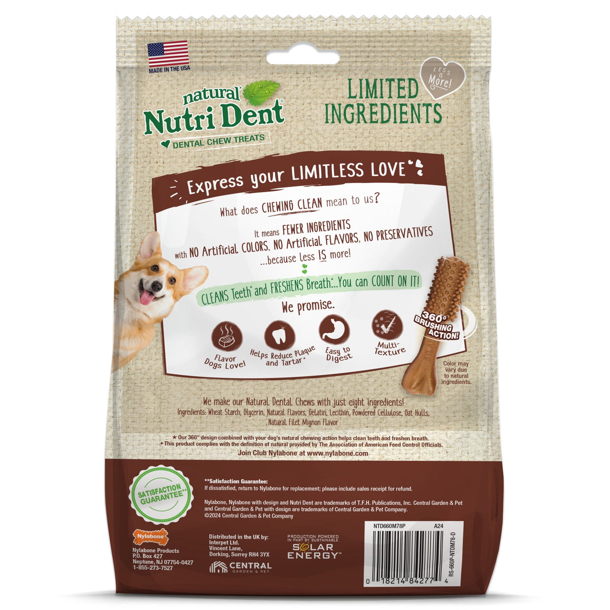 Nylabone Nutri Dent Natural Dental Chews for Dogs, Limited Ingredient Dog Treats, Teeth Cleaning Dental Sticks for Dogs, Filet Mignon Flavor, For X-Small Dogs (78 Count)