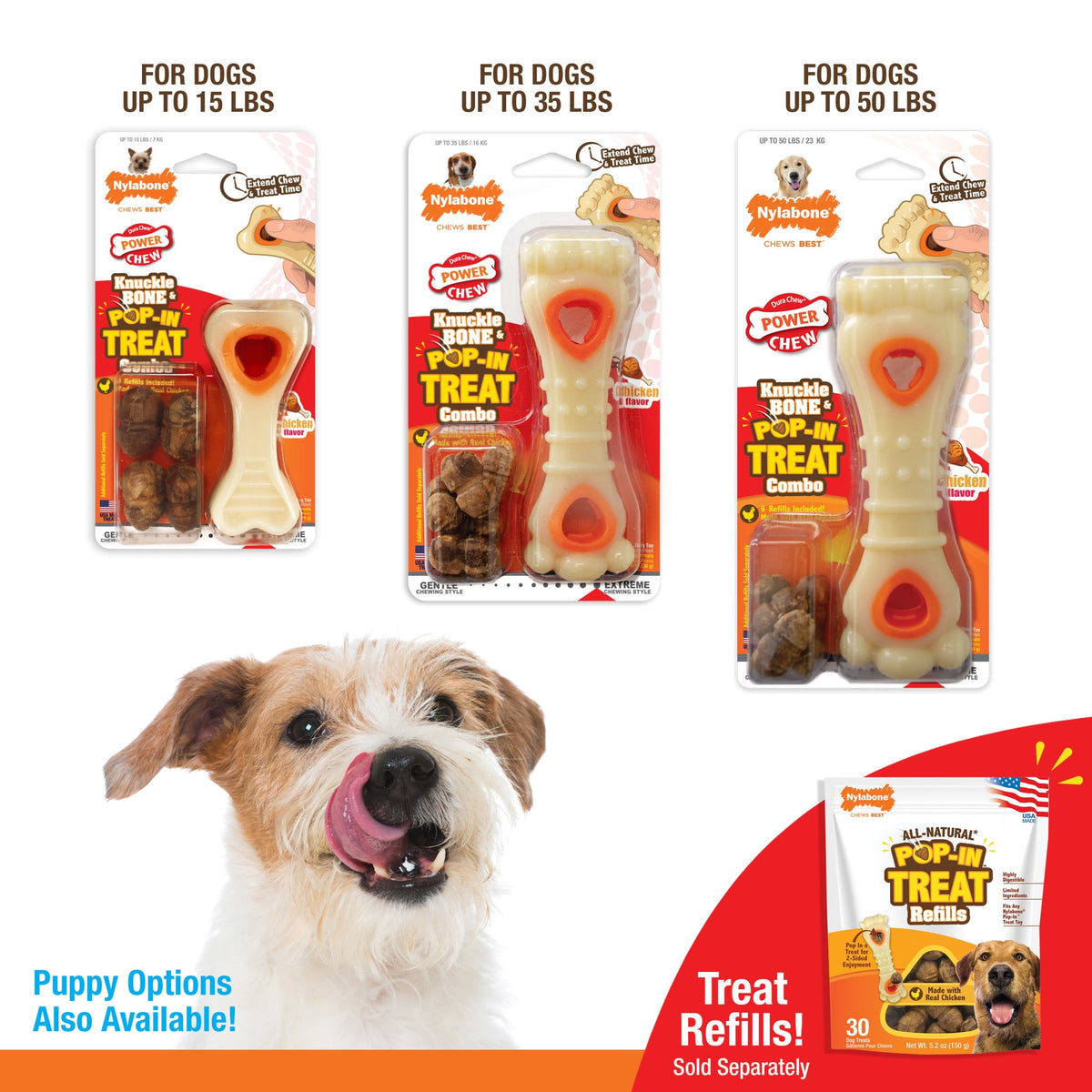 Nylabone Power Chew Knuckle Bone Pop-In Dog Treat Toy, Dog Toy, Chicken Flavor, Medium